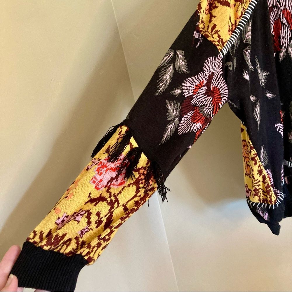LAIA Tabatha Patchwork Sweater Embroidered Fringe Floral Black Pink Gold Size XL - Picture 7 of 15